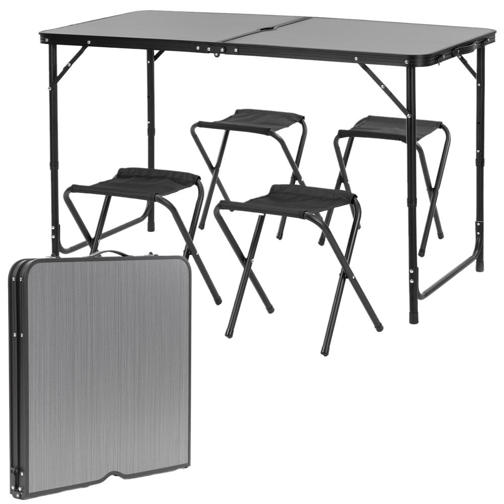 Összecsukható kempingasztal szett 4 székkel, állítható magasságú, alumínium és MDF, 120x60x71 cm, fekete - Image 4