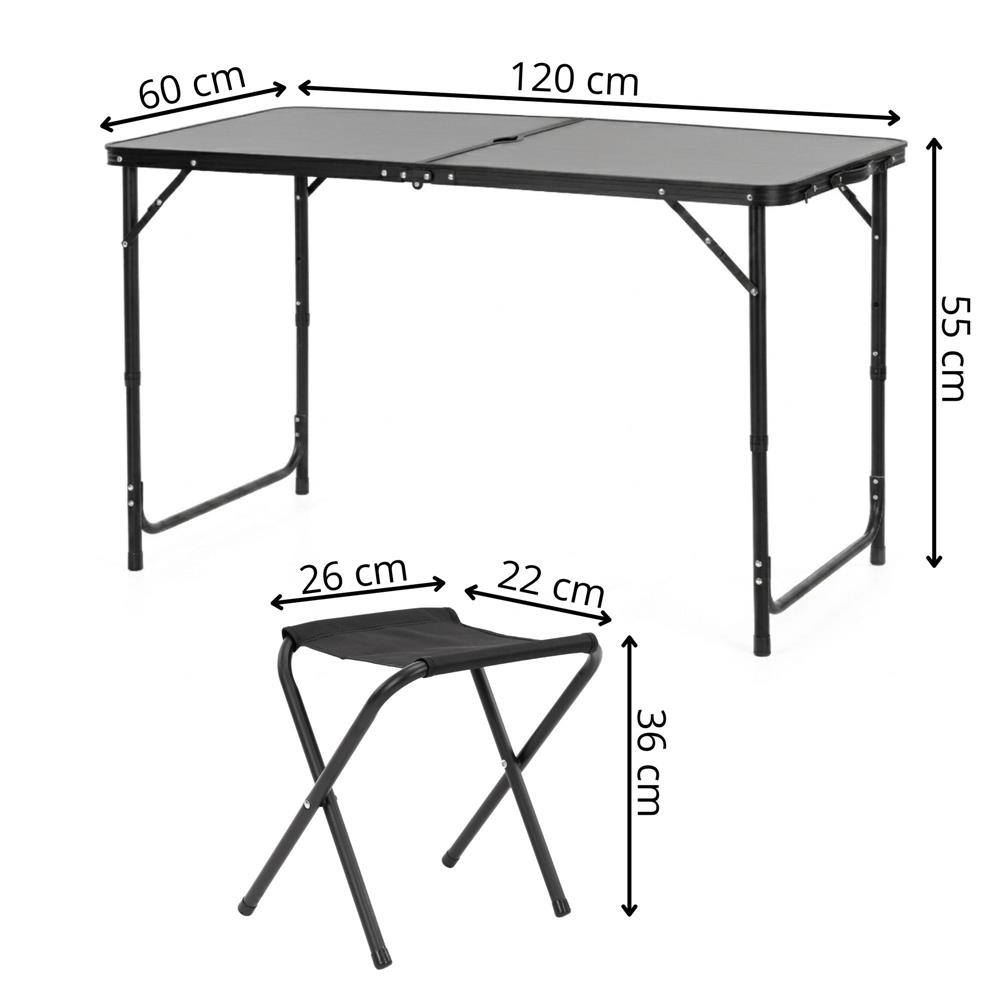 Összecsukható kempingasztal szett 4 székkel, állítható magasságú, alumínium és MDF, 120x60x71 cm, fekete - Image 36
