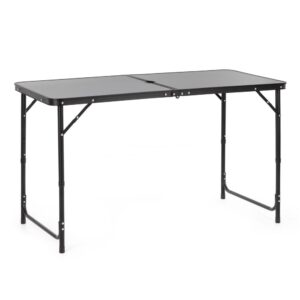 Összecsukható kempingasztal napernyőtartóval, állítható magasságú, alumínium és MDF, 120x60x71 cm, fekete és szürke