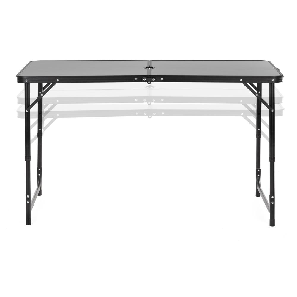 Összecsukható kempingasztal napernyőtartóval, állítható magasságú, alumínium és MDF, 120x60x71 cm, fekete és szürke - Image 5