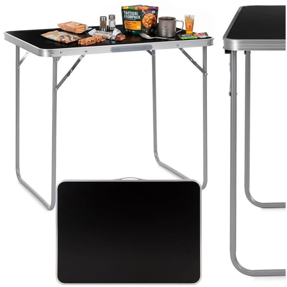 Összecsukható kempingasztal hordozófogantyúval, MDF asztallappal és alumínium vázzal, 80x60x70 cm, ezüst és fekete - Image 2