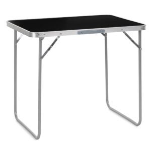 Összecsukható kempingasztal hordozófogantyúval, MDF asztallappal és alumínium vázzal, 80x60x70 cm, ezüst és fekete