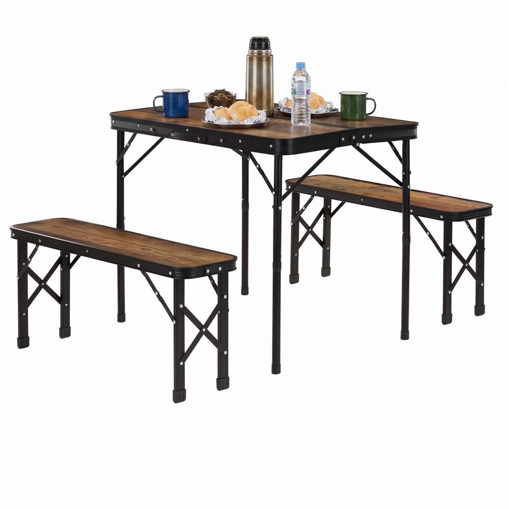 Összecsukható kempingasztal 2 paddal, állítható magasságú, MDF és alumínium, 90x60x70 cm, barna és fekete - Image 5