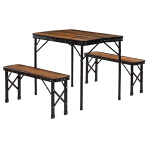 Összecsukható kempingasztal 2 paddal, állítható magasságú, MDF és alumínium, 90x60x70 cm, barna és fekete