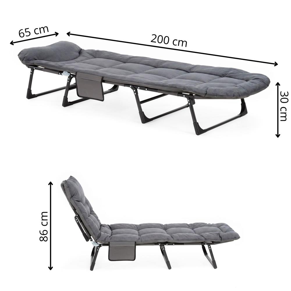Összecsukható kerti napozóágy matraccal, állítható fejpárnával és oldalsó zsebbel, 200x65x30 cm, 150 kg, szürke - Image 39
