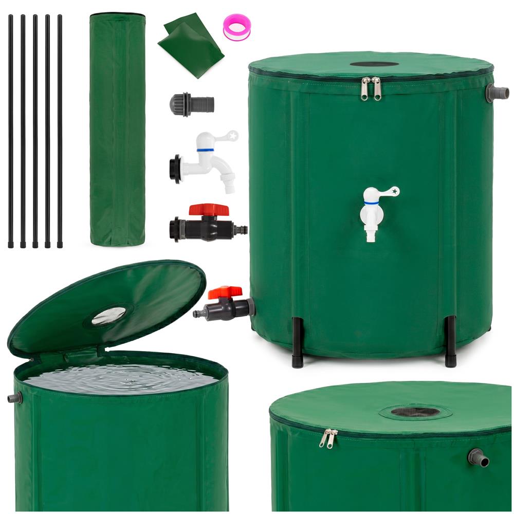 Összecsukható esővízgyűjtő tartály, 100 L, 1000D PVC, 2 csappal és túlfolyó rendszerrel, zöld - Image 2