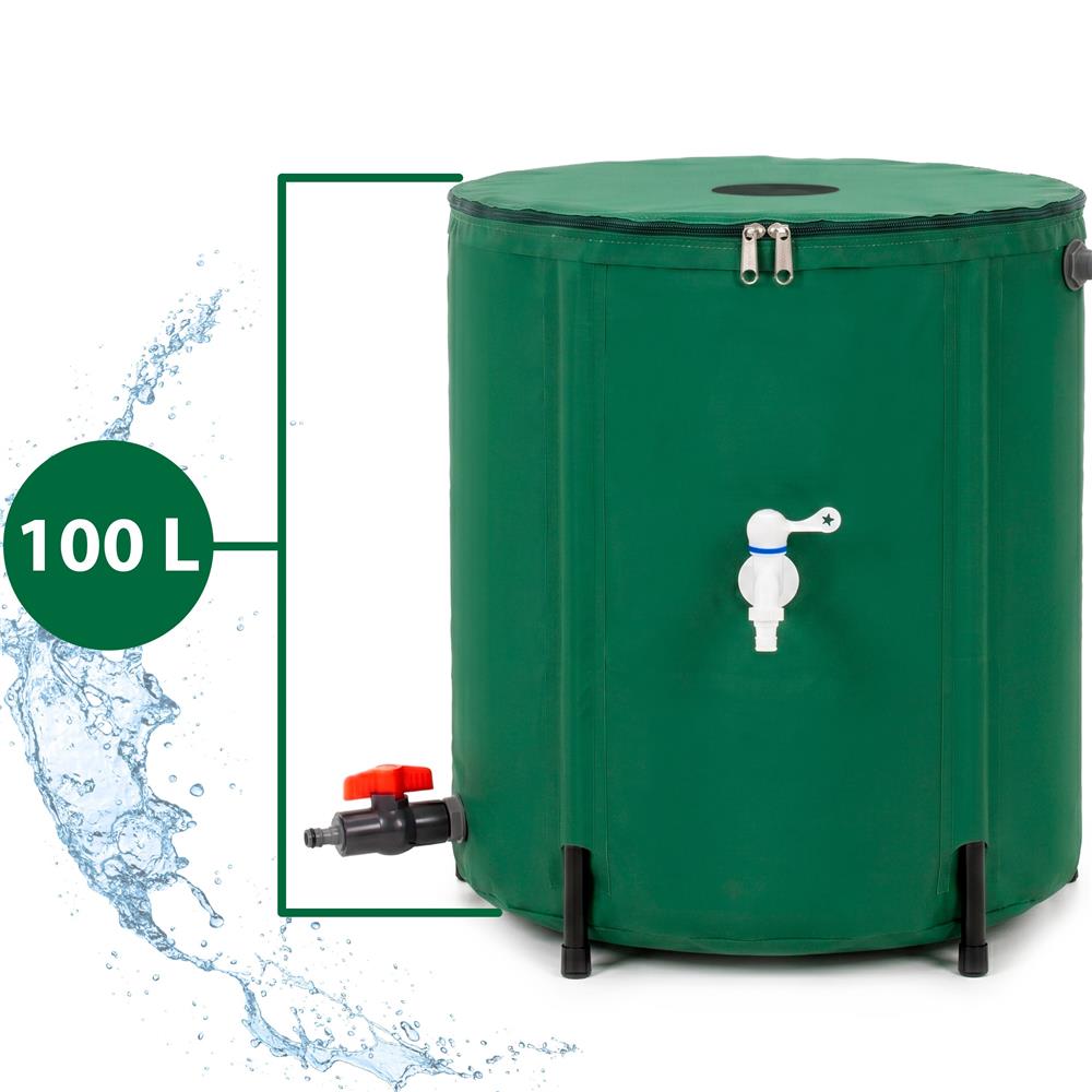 Összecsukható esővízgyűjtő tartály, 100 L, 1000D PVC, 2 csappal és túlfolyó rendszerrel, zöld - Image 12