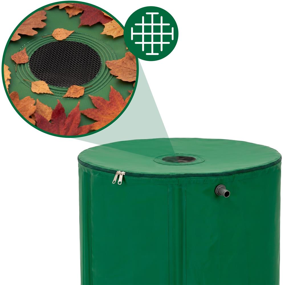 Összecsukható esővízgyűjtő tartály, 100 L, 1000D PVC, 2 csappal és túlfolyó rendszerrel, zöld - Image 13