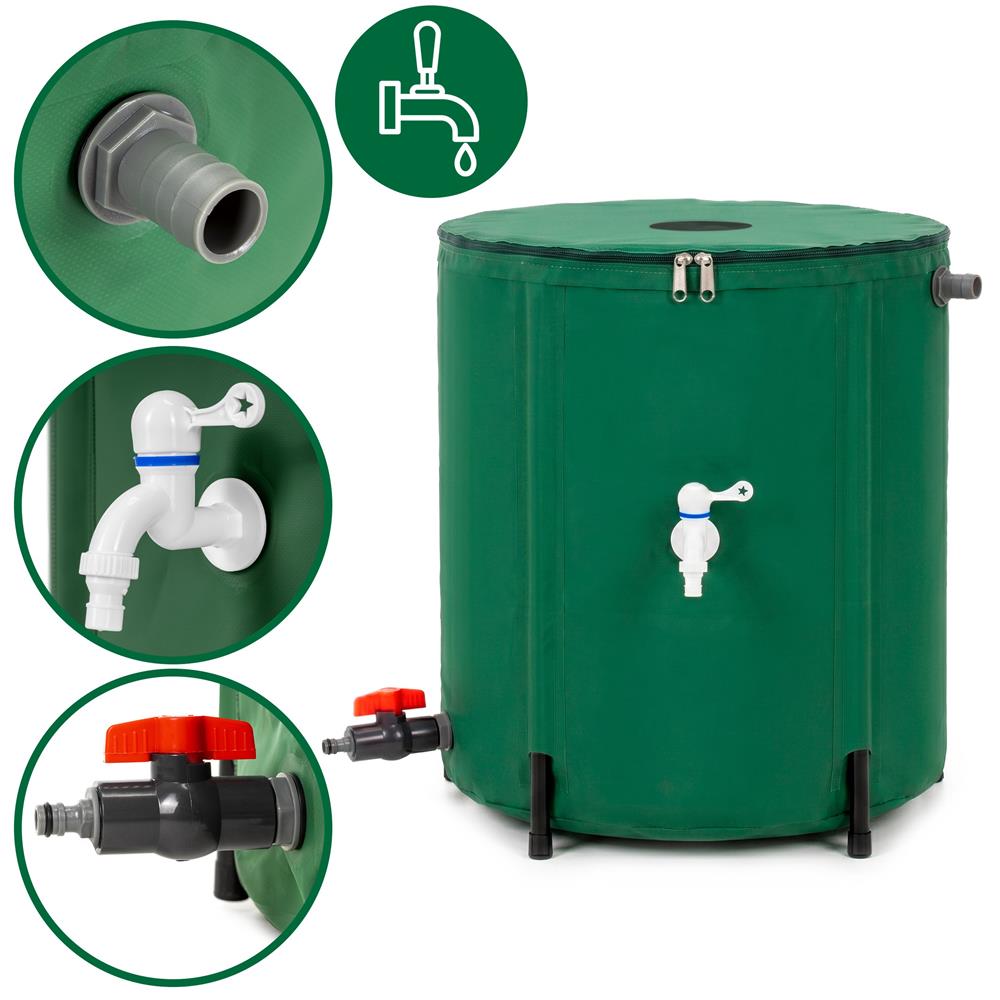Összecsukható esővízgyűjtő tartály, 100 L, 1000D PVC, 2 csappal és túlfolyó rendszerrel, zöld - Image 14