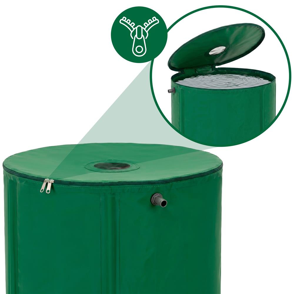 Összecsukható esővízgyűjtő tartály, 100 L, 1000D PVC, 2 csappal és túlfolyó rendszerrel, zöld - Image 15