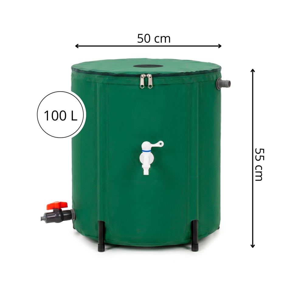 Összecsukható esővízgyűjtő tartály, 100 L, 1000D PVC, 2 csappal és túlfolyó rendszerrel, zöld - Image 29