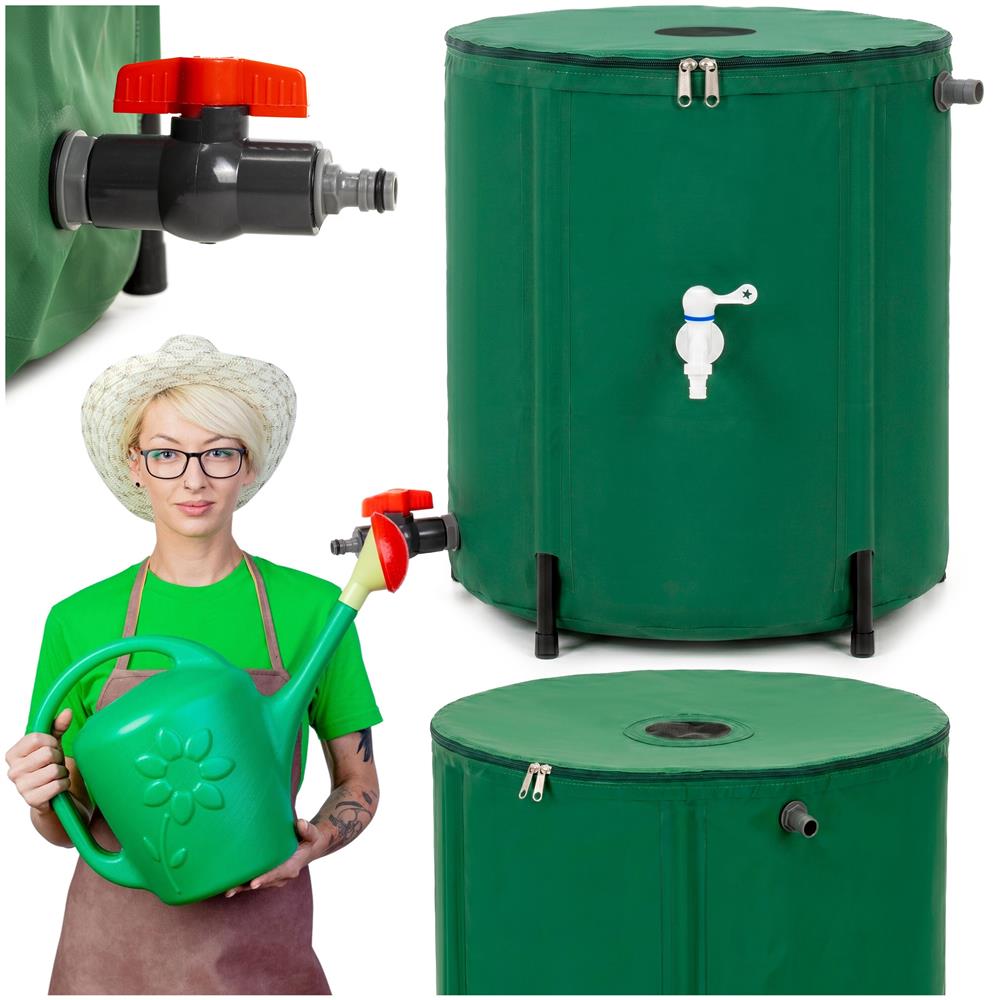 Összecsukható esővízgyűjtő tartály, 100 L, 1000D PVC, 2 csappal és túlfolyó rendszerrel, zöld - Image 3