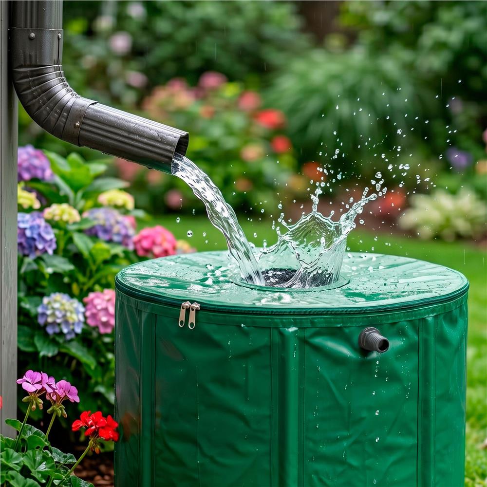 Összecsukható esővízgyűjtő tartály, 100 L, 1000D PVC, 2 csappal és túlfolyó rendszerrel, zöld - Image 8