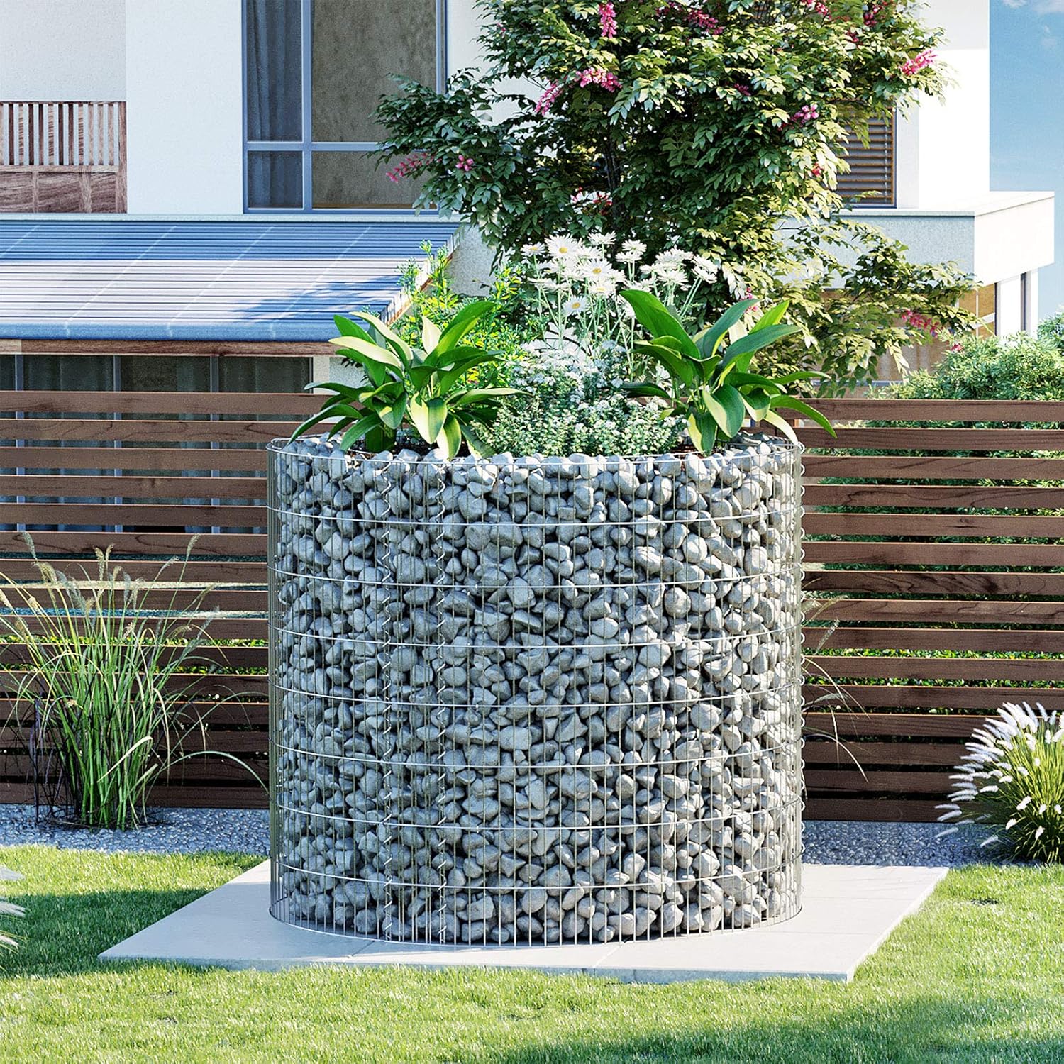 SONGMICS kerek gabion kőkosár kertbe, horganyzott fémhálóból, 90×80 cm, ezüst - Image 2
