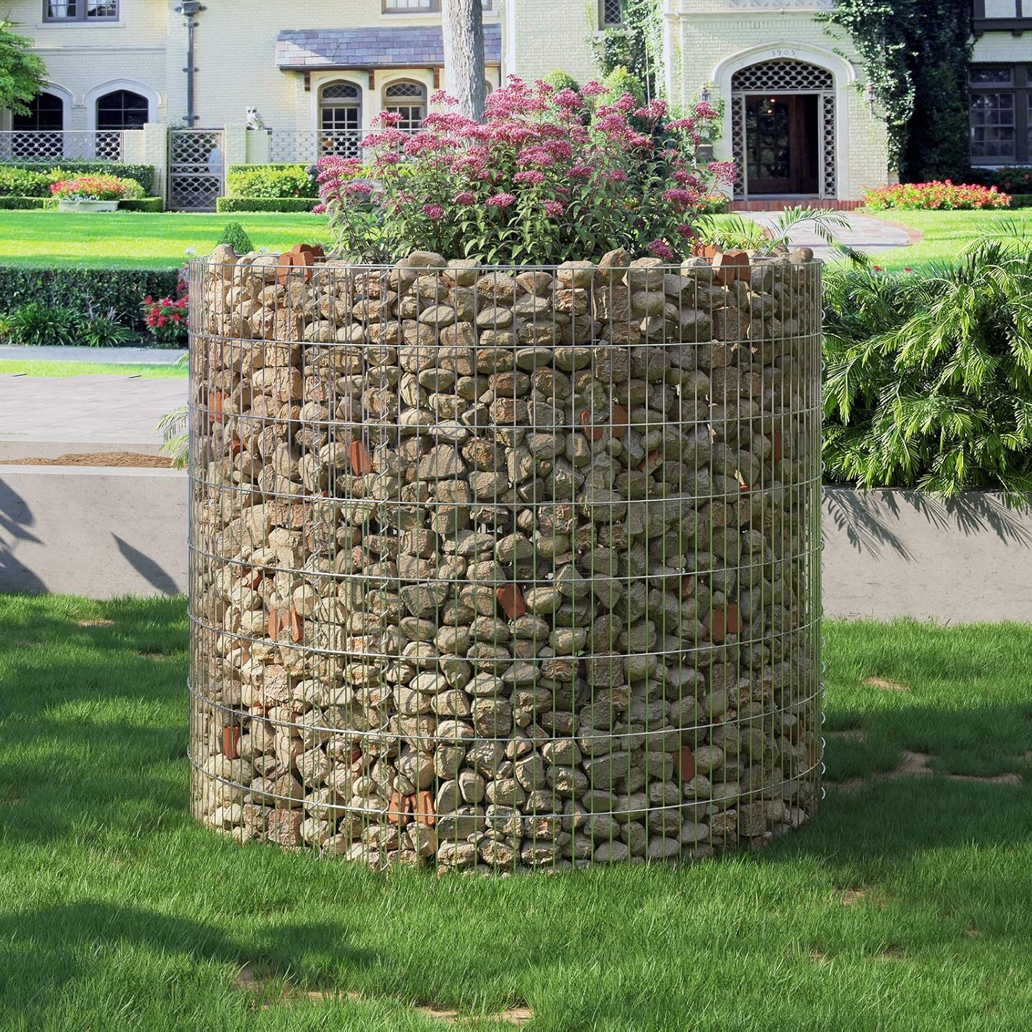 SONGMICS kerek gabion kőkosár kertbe, horganyzott fémhálóból, 90×80 cm, ezüst - Image 6