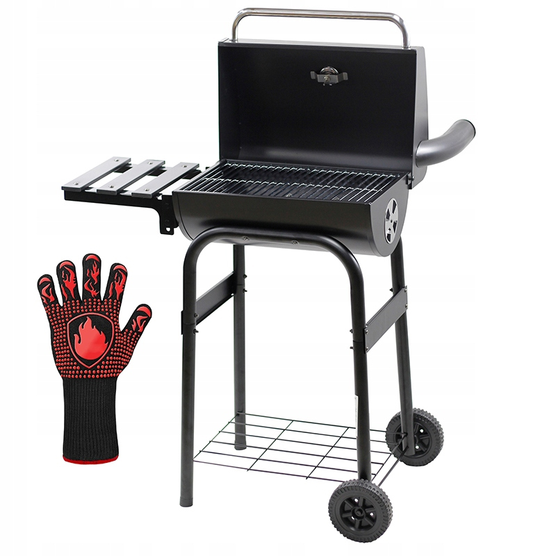 Faszenes grillsütő fedéllel, oldalsó polccal, szellőzőrendszerrel, hőmérővel és kéménnyel, 83x41x116 cm, fekete - Image 8