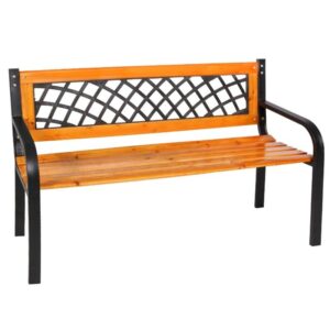 Kerti pad fából és acélból, dekoratív háttámlával, 120x53x73 cm, fekete/natúr barna
