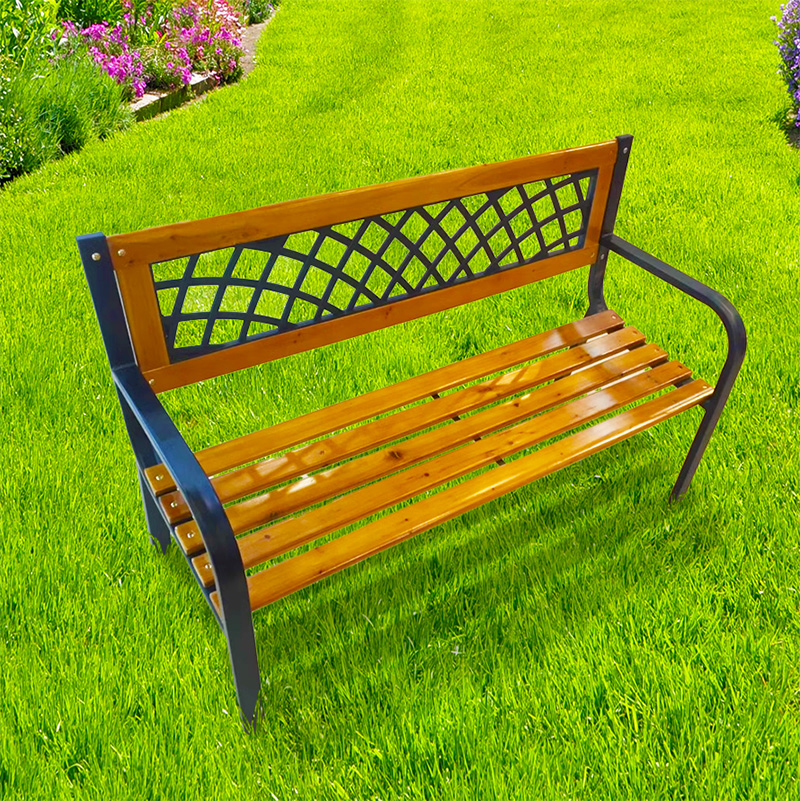 Kerti pad fából és acélból, dekoratív háttámlával, 120x53x73 cm, fekete/natúr barna - Image 4