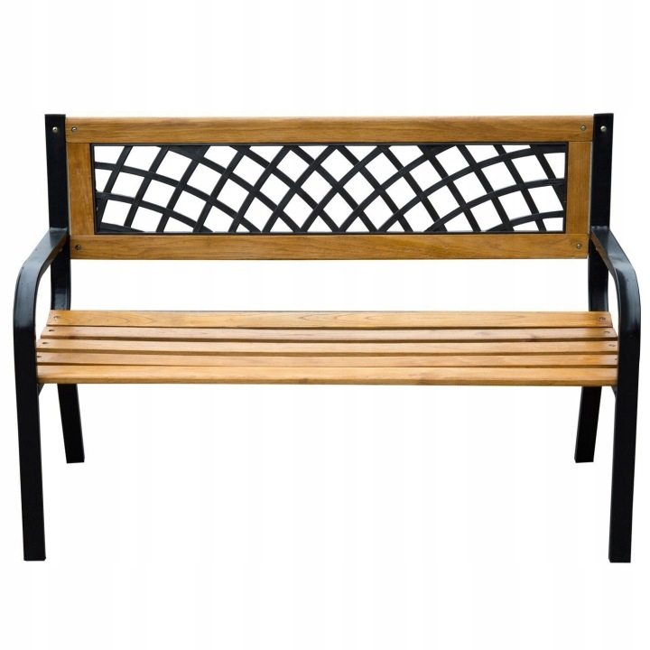 Kerti pad fából és acélból, dekoratív háttámlával, 120x53x73 cm, fekete/natúr barna - Image 5