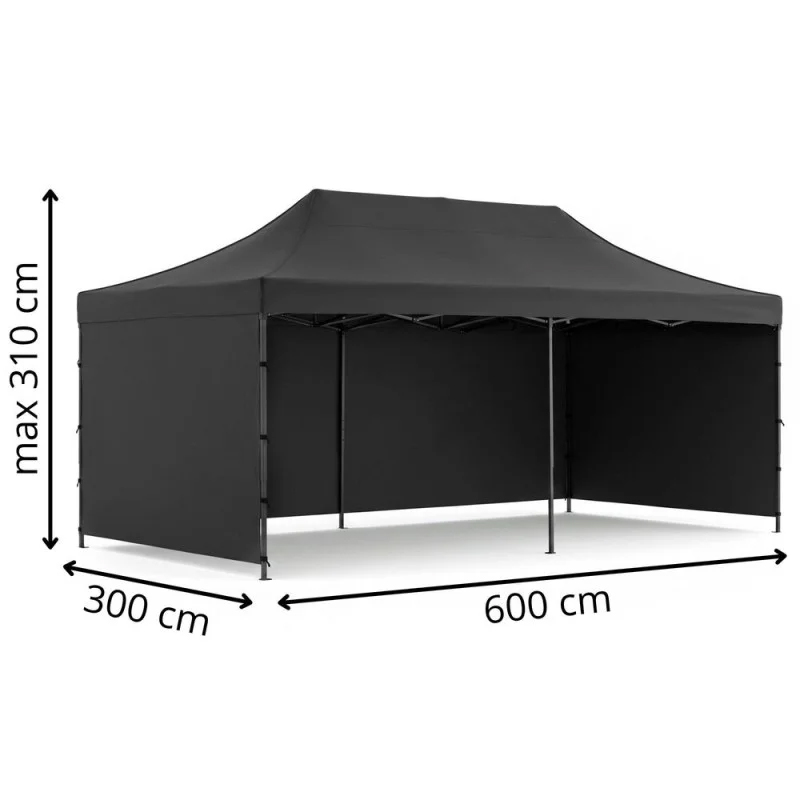 Kerti pavilonsátor, gyorsan összecsukható, 300x600 cm, állítható magasságú, 3 oldalfalú, vízálló, fekete - Image 14