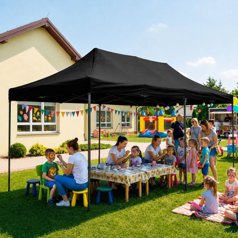 Kerti pavilonsátor, gyorsan összecsukható, 300x600 cm, állítható magasságú, 3 oldalfalú, vízálló, fekete - Image 3