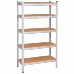 Fém tárolópolc 5 MDF polccal, 675 kg teherbírás, 75 × 30 × 150 cm, ezüst