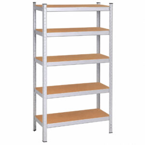 Fém tárolópolc 5 MDF polccal, 675 kg teherbírás, 75 × 30 × 150 cm, ezüst