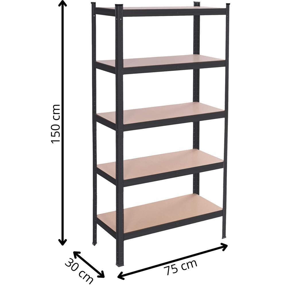 Fém tárolópolc 5 MDF polccal, 675 kg teherbírás, 75 × 30 × 150 cm, fekete - Image 22
