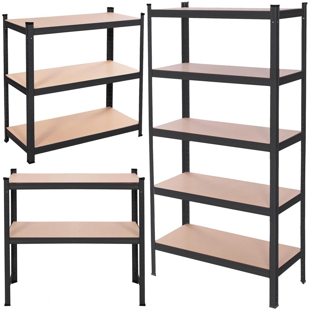 Fém tárolópolc 5 MDF polccal, 675 kg teherbírás, 75 × 30 × 150 cm, fekete - Image 10