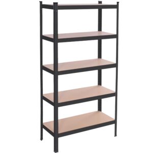 Fém tárolópolc 5 MDF polccal, 675 kg teherbírás, 75 × 30 × 150 cm, fekete