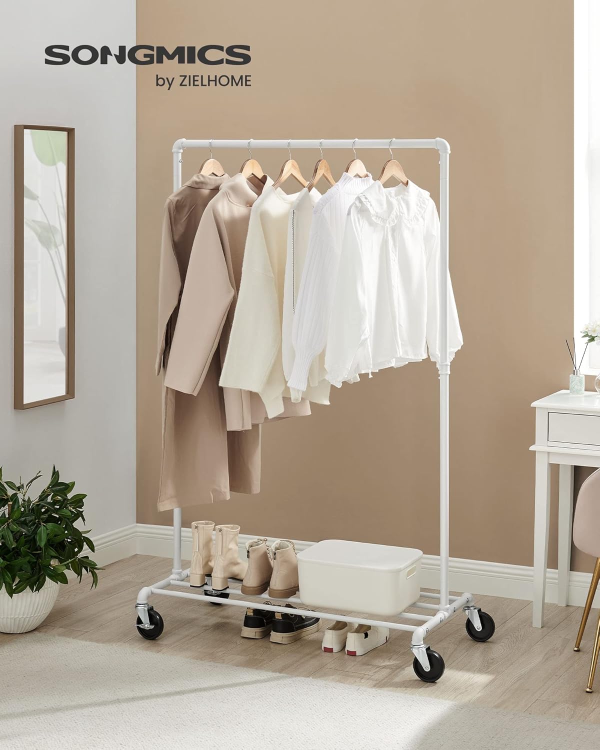 SONGMICS gurulos ruhatarto also polccal, fem vaz, 100x49x163 cm, feher - Image 3