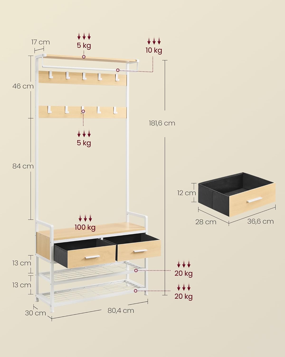 VASAGLE eloszobafogas cipotarto polcokkal es 2 fiokkal, acelvazzal, ipari stilusban, 30x80x182 cm, aranytolgy/feher - Image 2