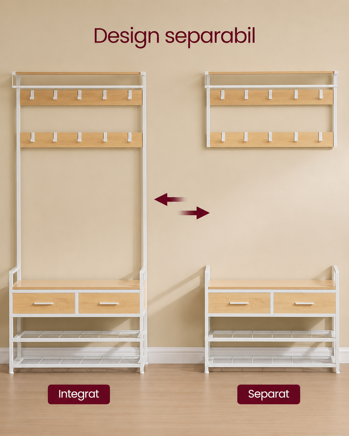 VASAGLE eloszobafogas cipotarto polcokkal es 2 fiokkal, acelvazzal, ipari stilusban, 30x80x182 cm, aranytolgy/feher - Image 3