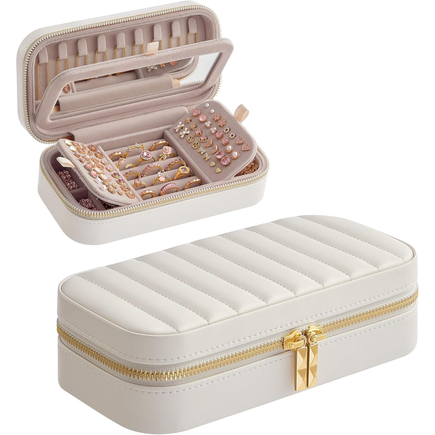 SONGMICS utazó ékszertartó doboz tükörrel és rendezett tárolórekeszekkel, 20x10x6 cm, fehér