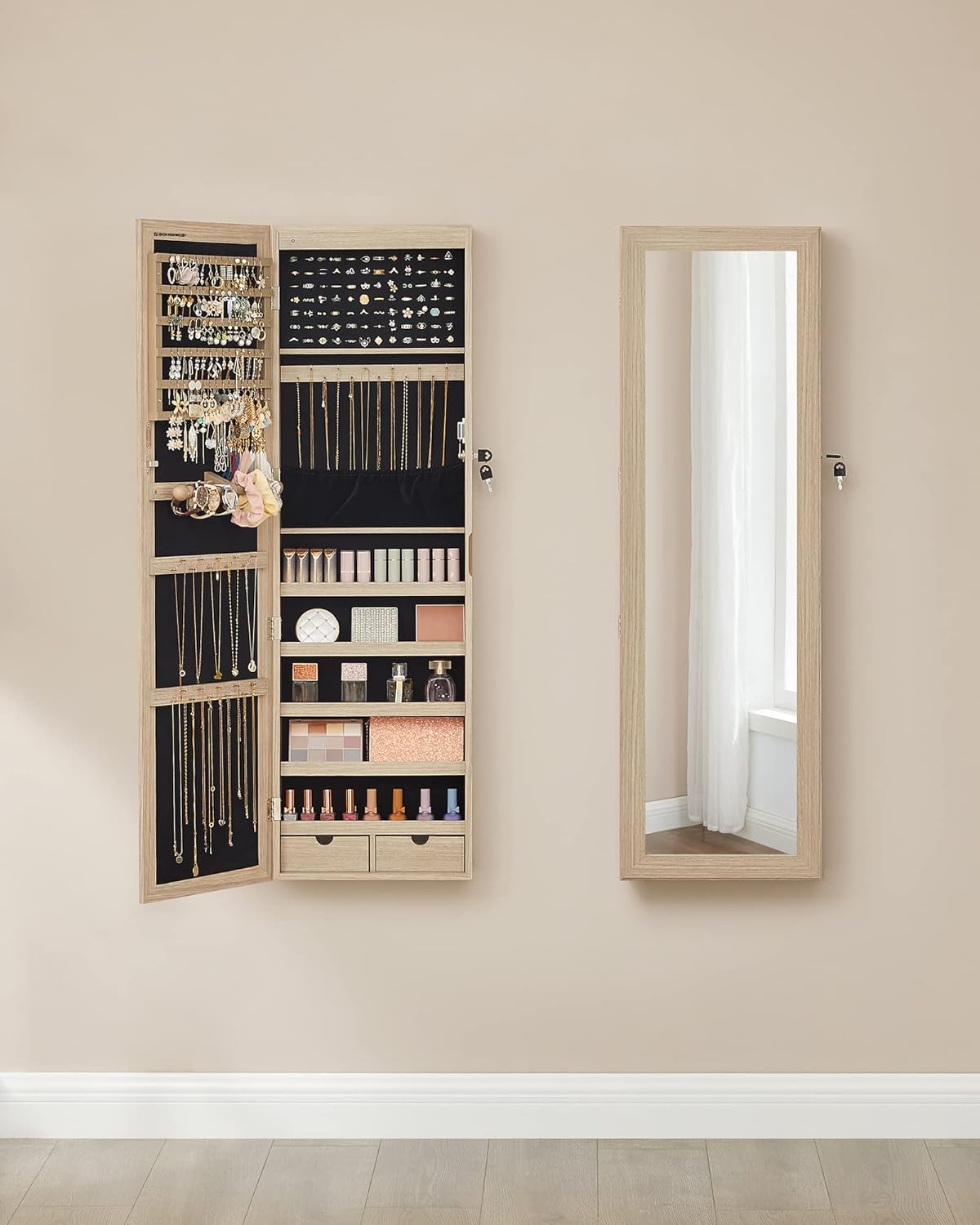 SONGMICS Ékszerszekrény tükörrel, ajtóra vagy falra szerelhető, 120 × 37 cm, tölgyfa hatású - Image 2