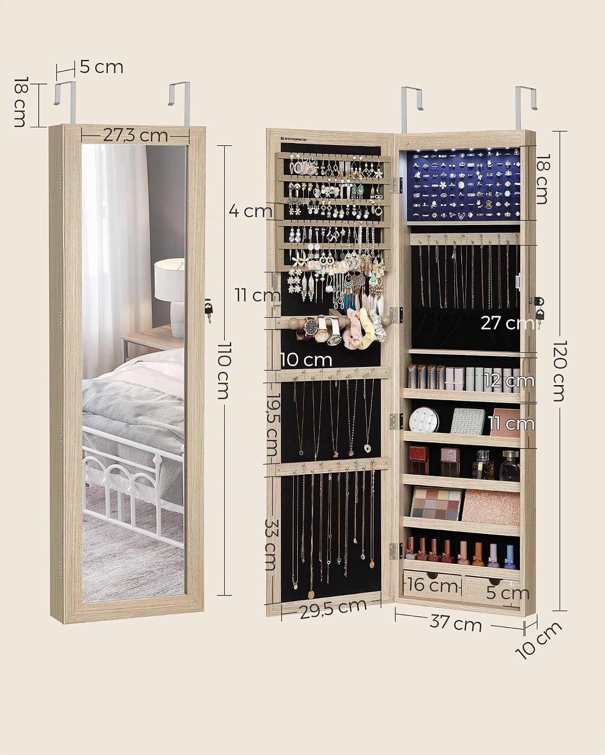 SONGMICS Ékszerszekrény tükörrel, ajtóra vagy falra szerelhető, 120 × 37 cm, tölgyfa hatású - Image 5