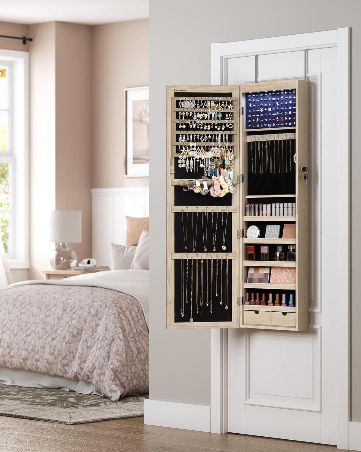 SONGMICS Ékszerszekrény tükörrel, ajtóra vagy falra szerelhető, 120 × 37 cm, tölgyfa hatású - Image 6