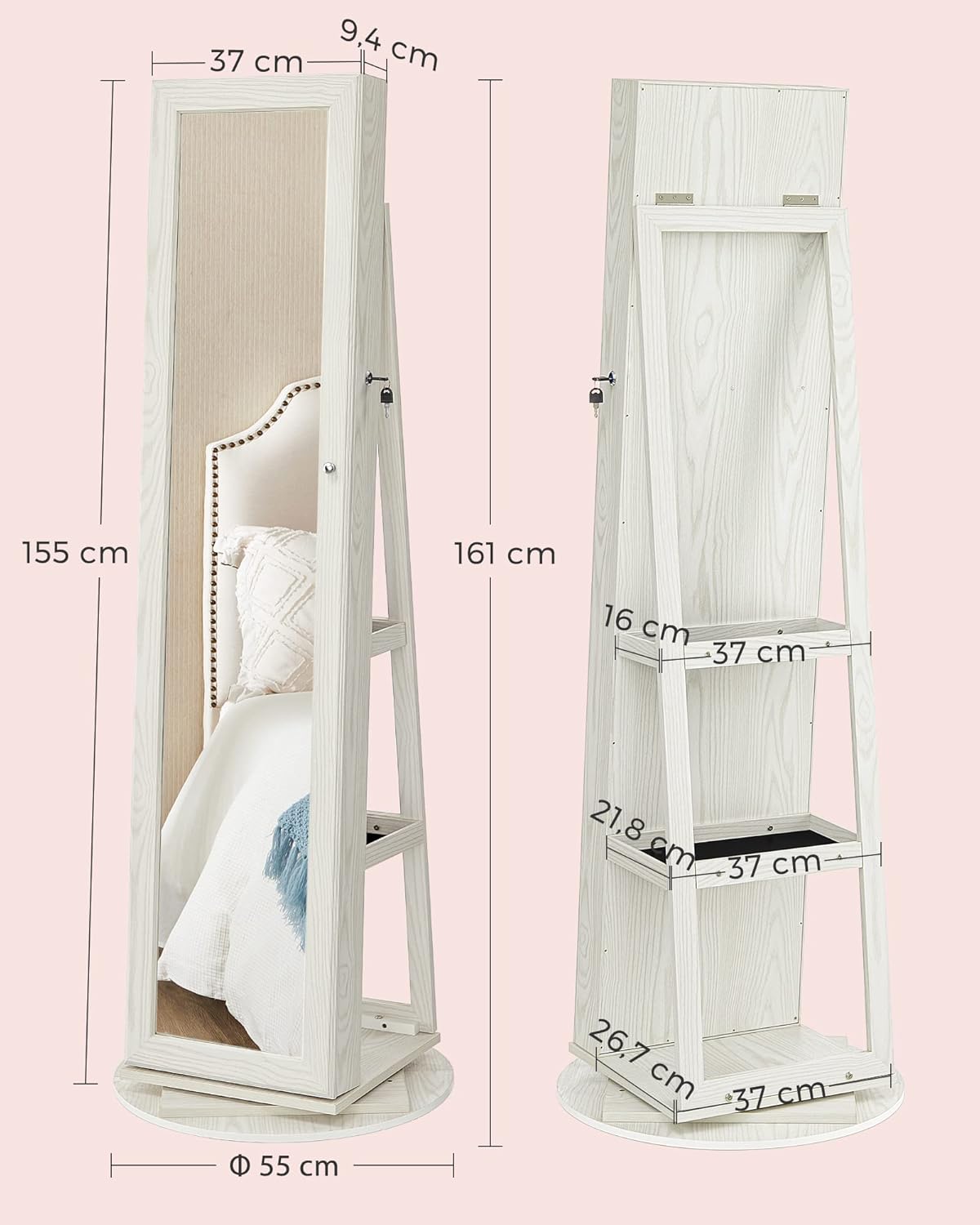 SONGMICS 360°-ban forgatható ékszerszekrény teljes alakos tükörrel, hátsó polcokkal és zárral, MDF és üveg, 55 × 55 × 161 cm, fehér - Image 3