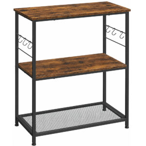VASAGLE ipari stilusu multifunkcionalis allvany 3 polccal, 6 akasztoval es femvazzal, 80x40x90 cm, rusztikus barna/fekete