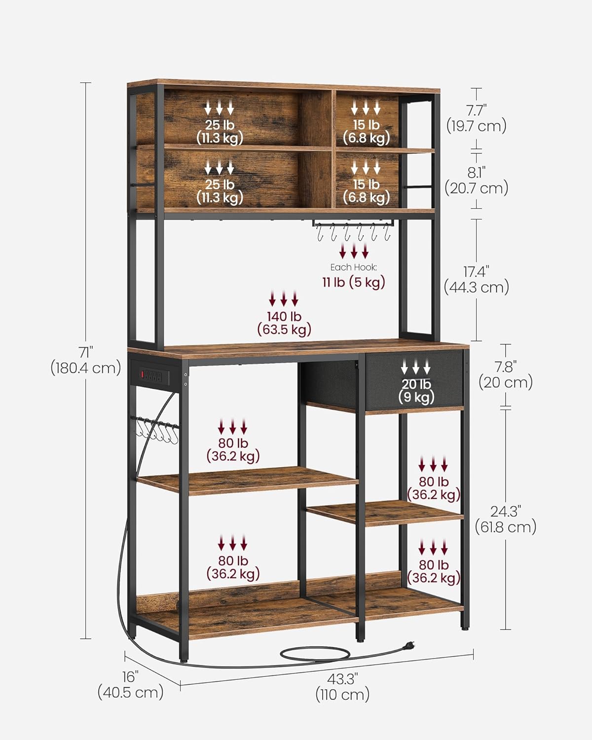 VASAGLE Konyhai polcos szekrény állítható polcokkal és fiókkal, 4 beépített konnektorral, fém vázzal, ipari stílusban, 110x41x180 cm, rusztikus barna - Image 2