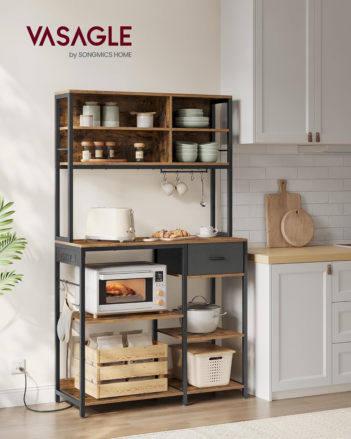 VASAGLE Konyhai polcos szekrény állítható polcokkal és fiókkal, 4 beépített konnektorral, fém vázzal, ipari stílusban, 110x41x180 cm, rusztikus barna - Image 5