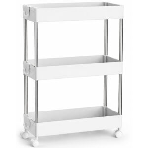 SONGMICS keskeny gurulós tárolókocsi konyhába vagy fürdőszobába, műanyag, 3 szintes, 42x14x61 cm, fehér