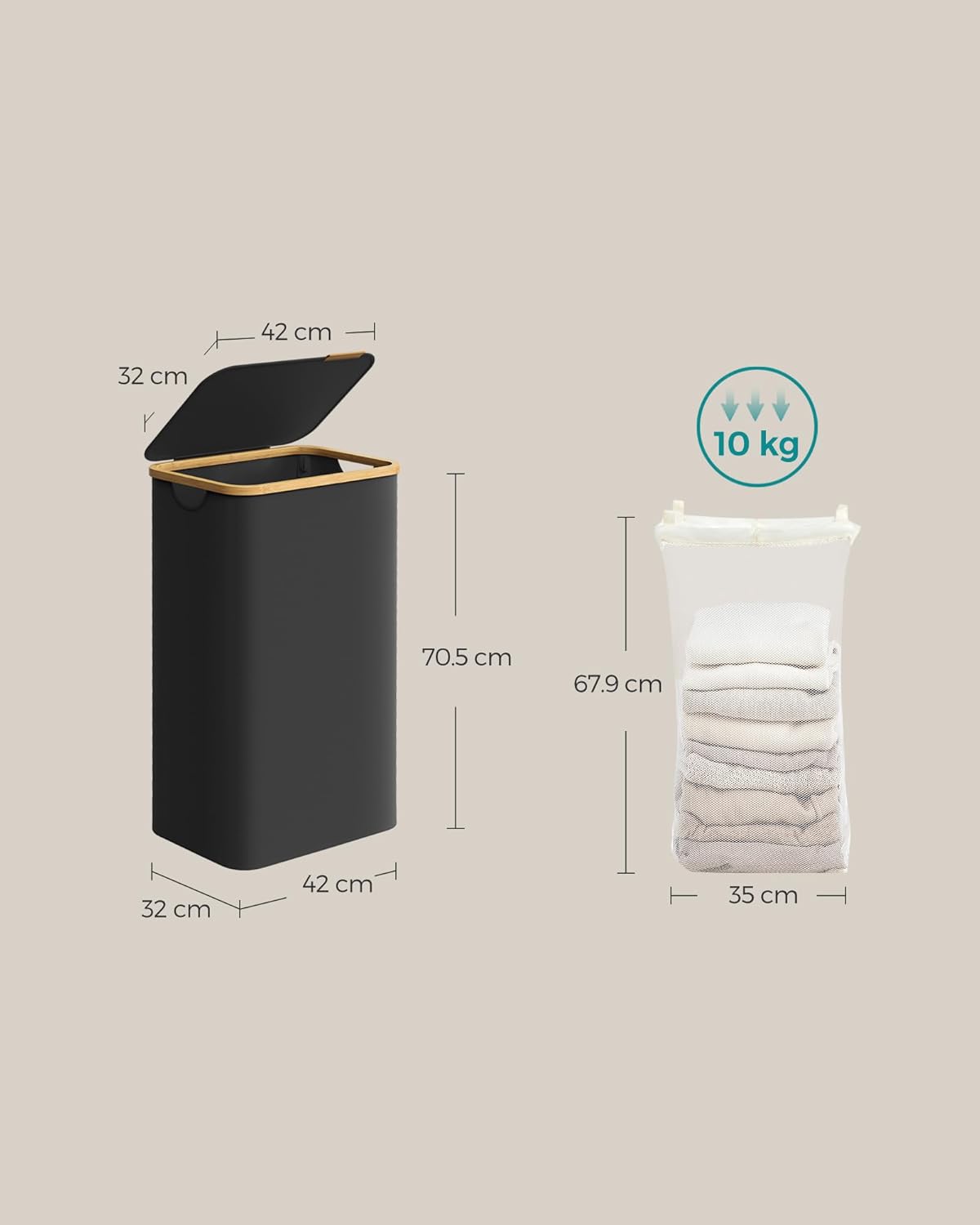 SONGMICS összecsukható textil szennyeskosár, kivehető belső zsákkal, 90 l, 42x32x71 cm, fekete - Image 2