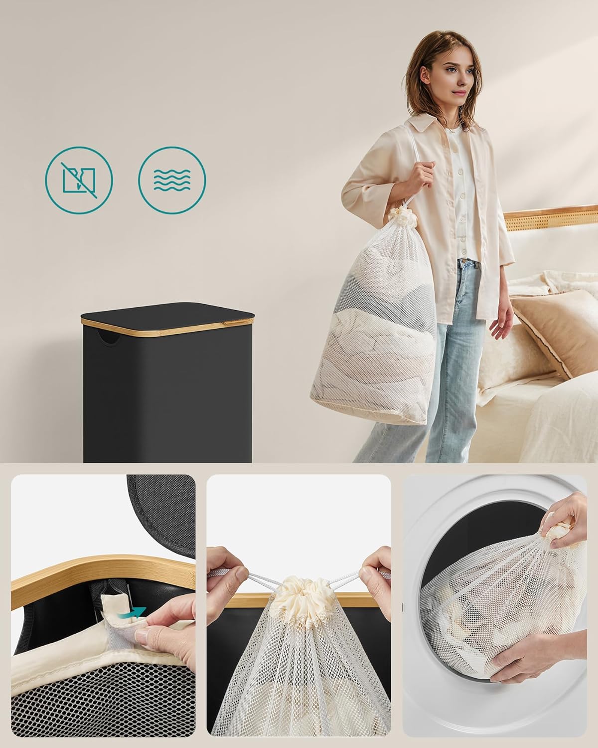 SONGMICS összecsukható textil szennyeskosár, kivehető belső zsákkal, 90 l, 42x32x71 cm, fekete - Image 6