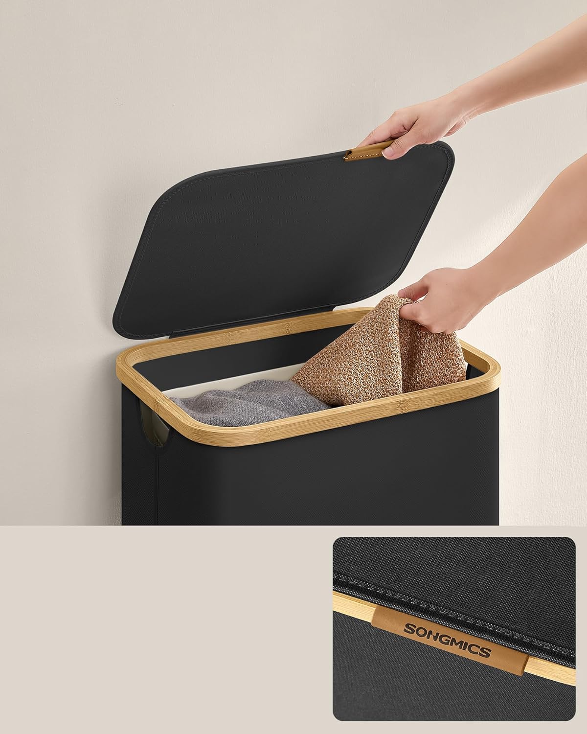 SONGMICS összecsukható textil szennyeskosár, kivehető belső zsákkal, 90 l, 42x32x71 cm, fekete - Image 8
