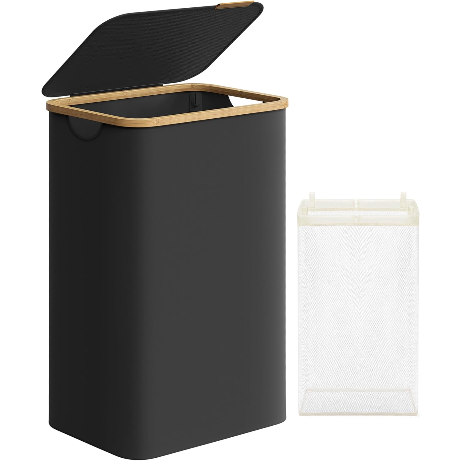 SONGMICS összecsukható textil szennyeskosár, kivehető belső zsákkal, 90 l, 42x32x71 cm, fekete