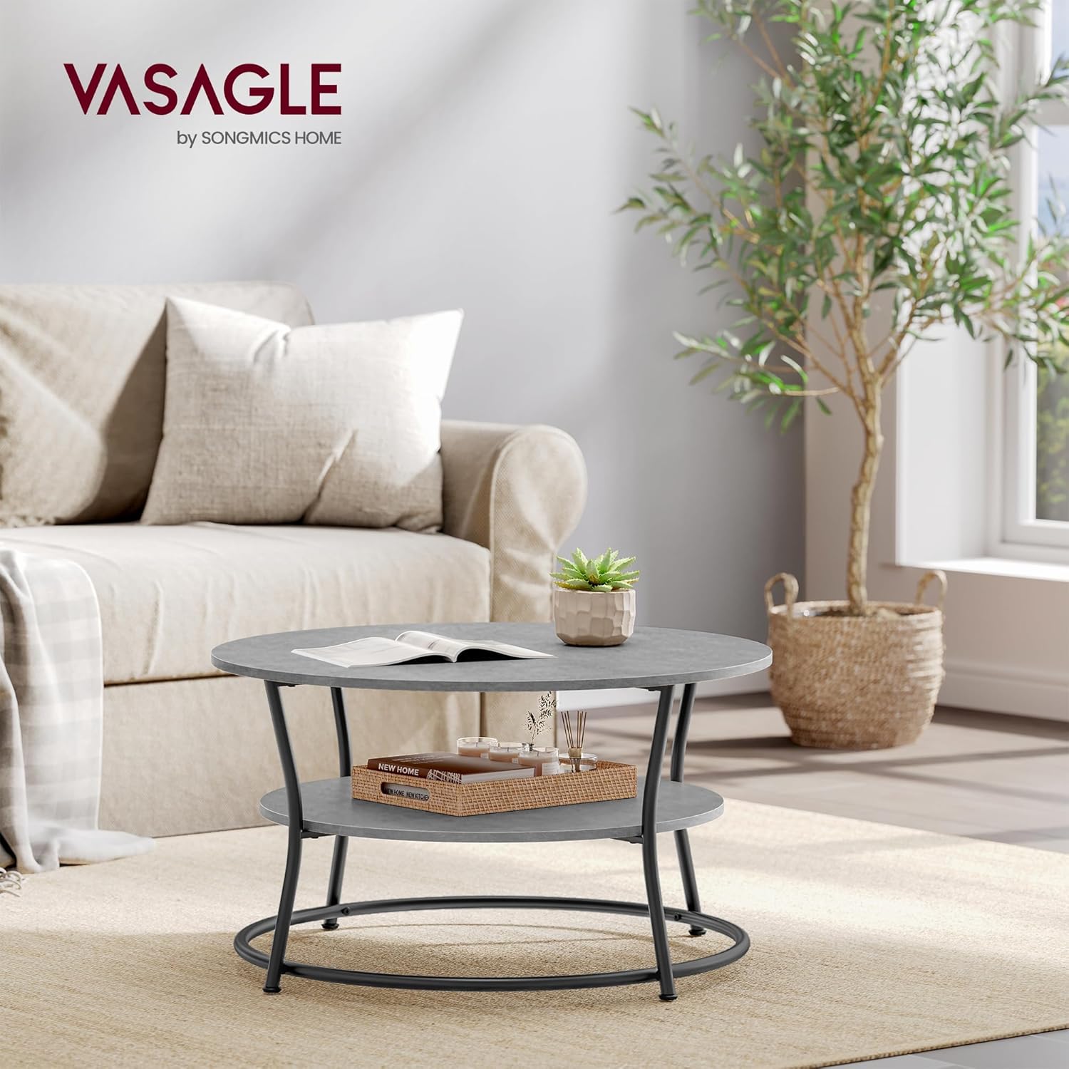 VASAGLE Kerek dohányzóasztal polccal, 80x80x47 cm, fémváz, beton szürke/fekete - Image 6