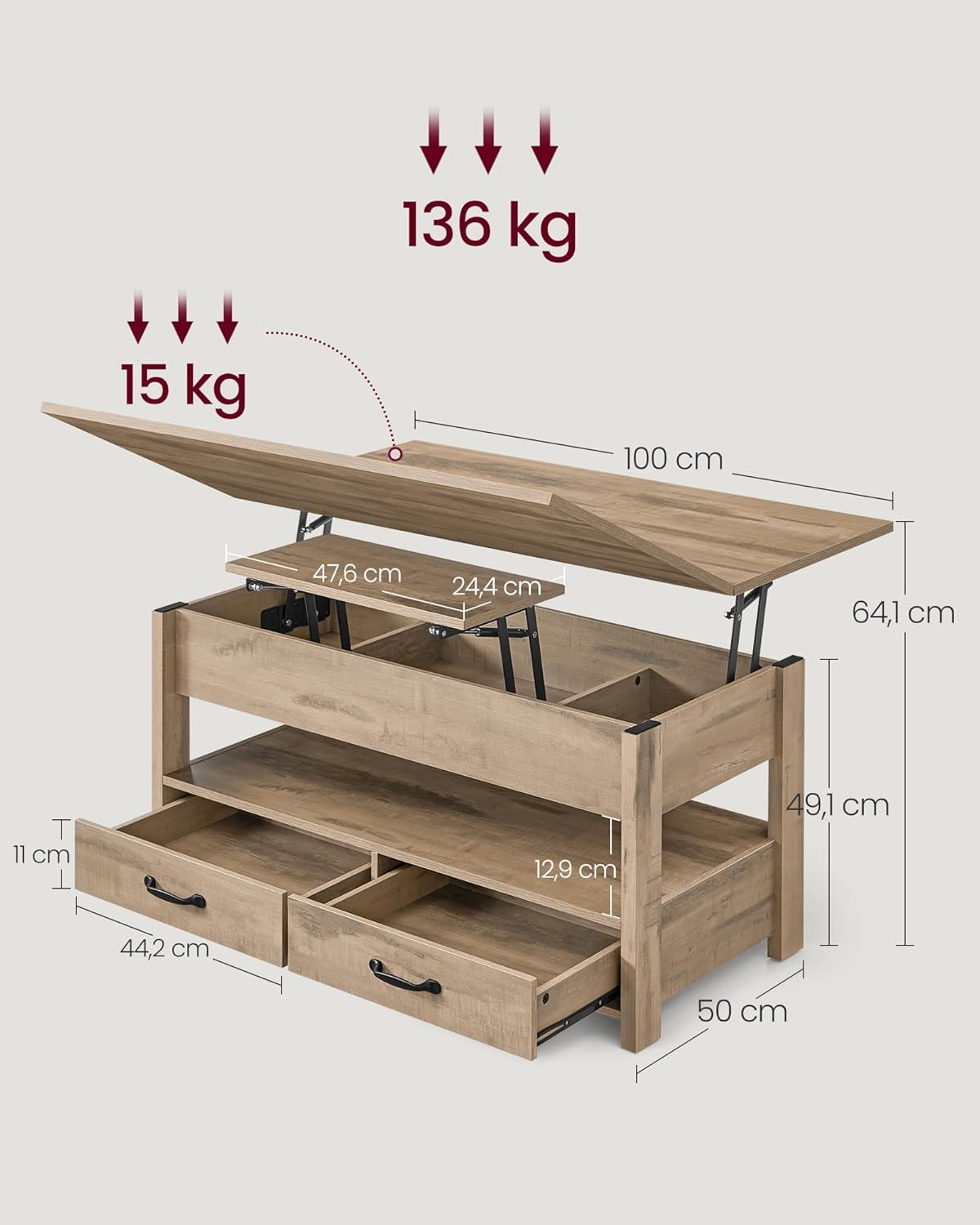 VASAGLE Magasságállítható asztallappal rendelkező dohányzóasztal, 2 fiókkal és rejtett rekeszekkel, PAL és MDF, 100x50x(49-64) cm, teveszínű barna - Image 3