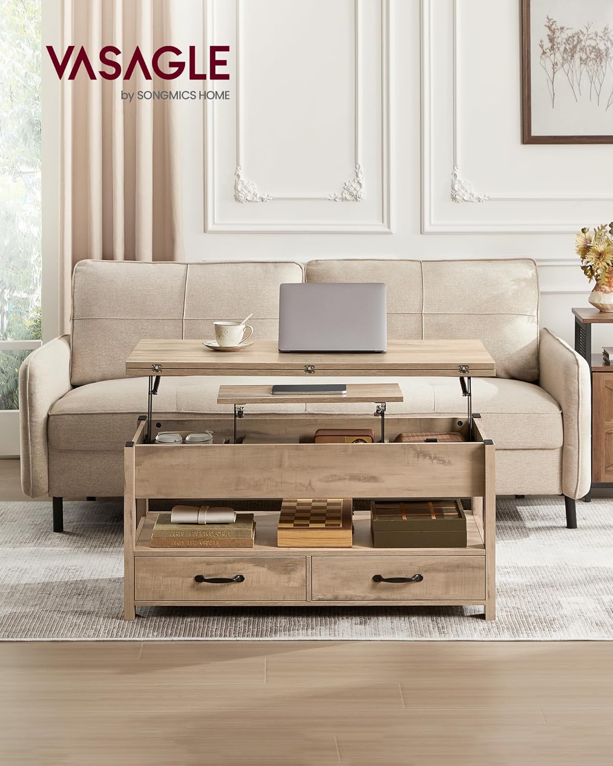 VASAGLE Magasságállítható asztallappal rendelkező dohányzóasztal, 2 fiókkal és rejtett rekeszekkel, PAL és MDF, 100x50x(49-64) cm, teveszínű barna - Image 6