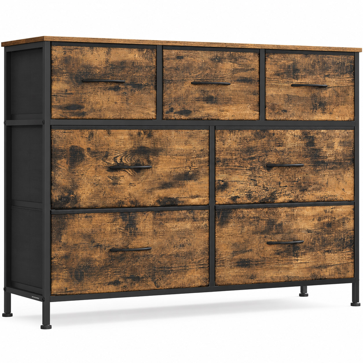 SONGMICS komód 7 fiókkal, fémvázzal és MDF tetőlappal, textil fiókokkal, 99x30x74 cm, rusztikus barna